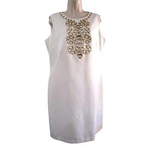 Ellen Tracy Gold Beaded White Sheath Dress Sz 14 GUC